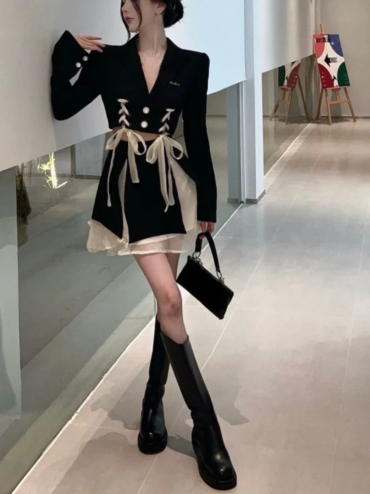 Gothic Elegant Retro 2 Piece Dress Set Even Party Women Casual Y2k Crop Tops + Mini Skrits 2023 Summer Korean Fashion Suits