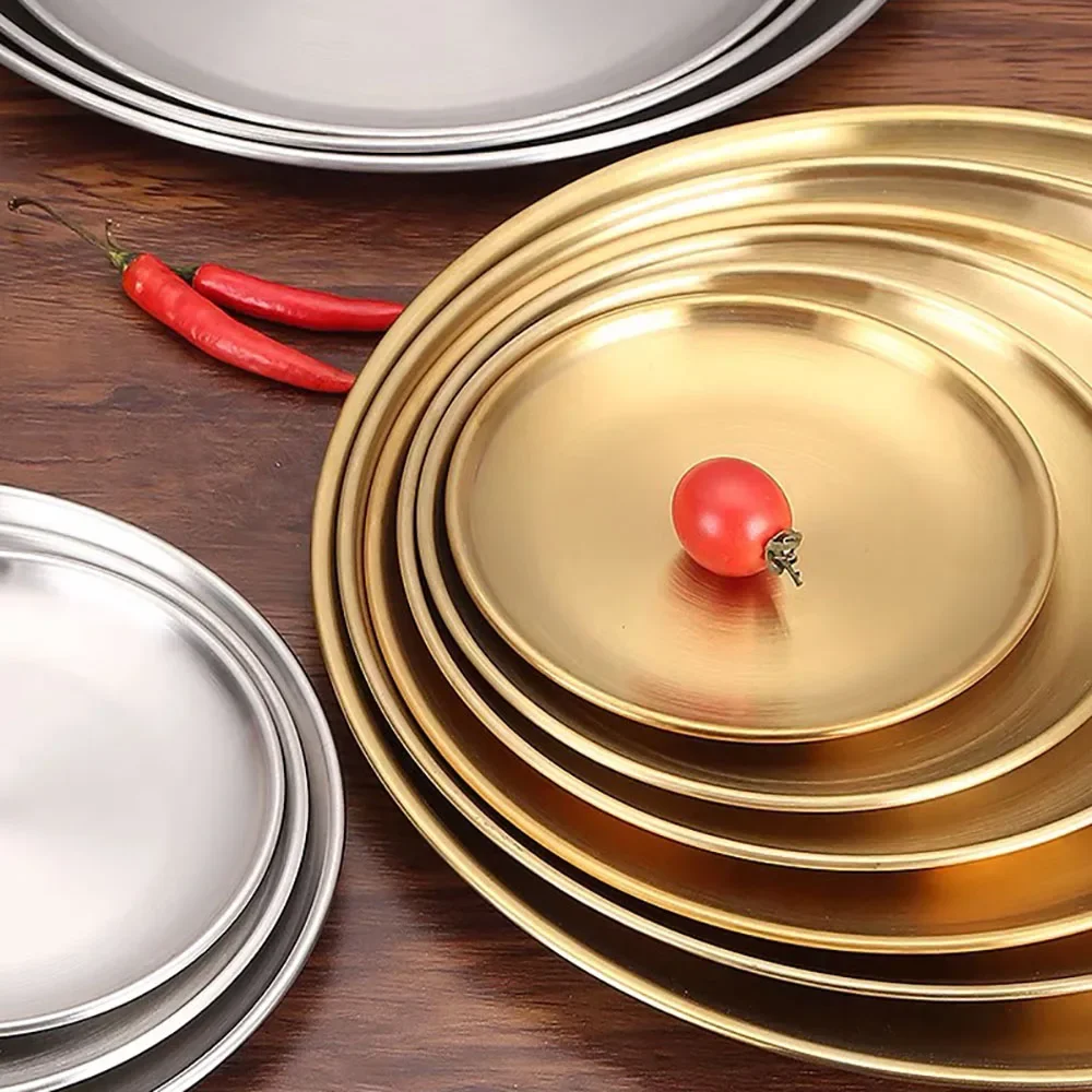 Dining Dish 8PC Metal Stainless Steel Round Plate Shallow Tray 14/17/20/23/26cm BBQ Picnic Camping Food Container Tableware Set