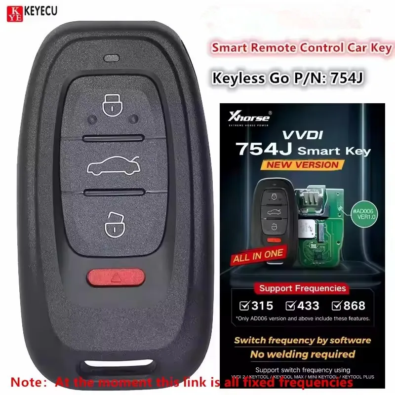 KEYECU  XSADJ1GL VVDI 315MHz 433MHz 868MHz Smart Remote Control Car Key for Audi A6L Q5 A4L A8L Keyless Go P/N: 754J Fob