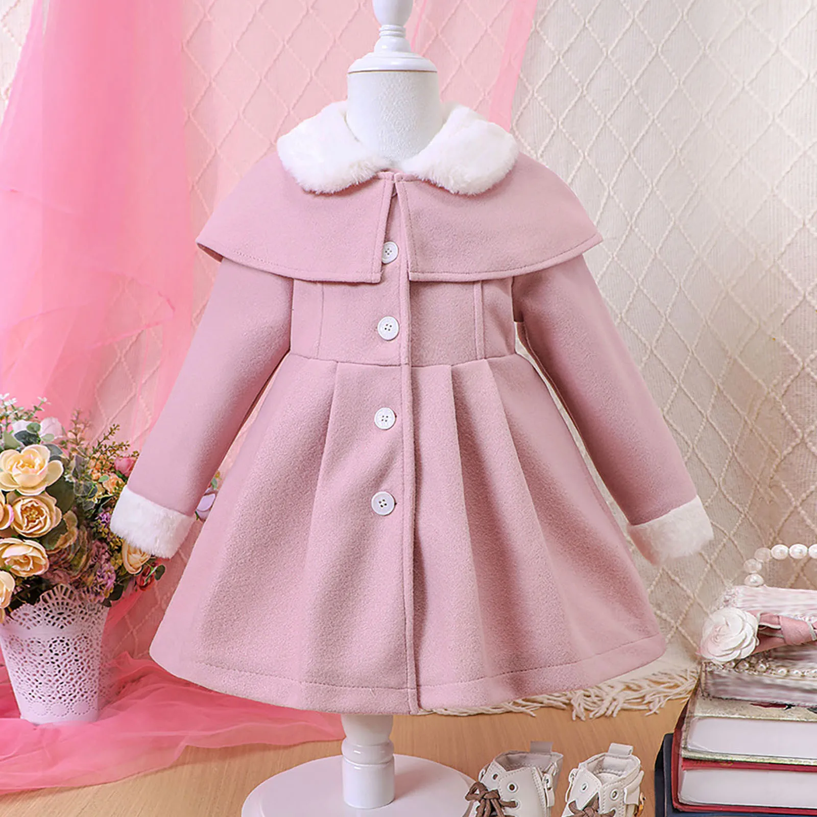 

Toddler Girls Woolen Coats Overcoat Jackets Windbreak Outdoor Warm Thicken Button Closure Children's Winter Clothing 1-5Years