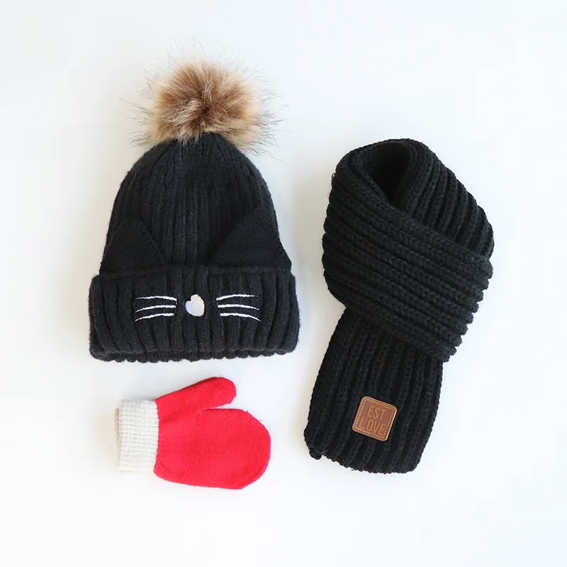 Three-piece plush children's hat scarf gloves autumn/winter suit boys and girls knit hat Kitty baby baby