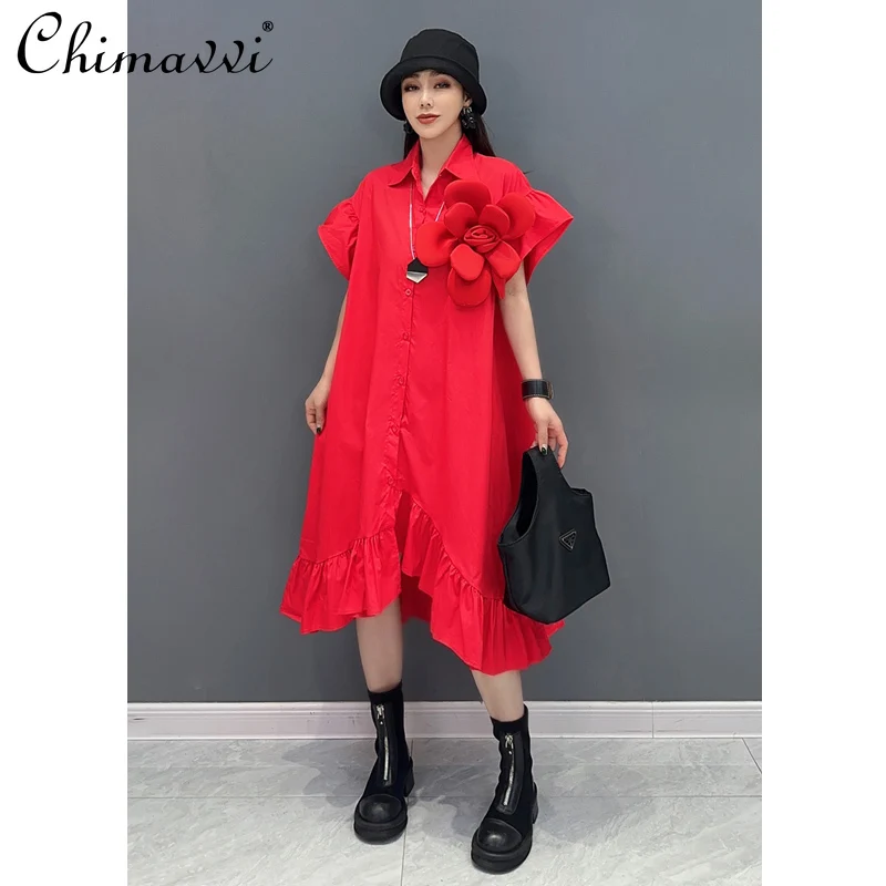 2024-summer-clothes-new-fashion-long-shirt-dress-loose-short-sleeve-ruffled-three-dimensional-flower-elegant-ladies-dresses