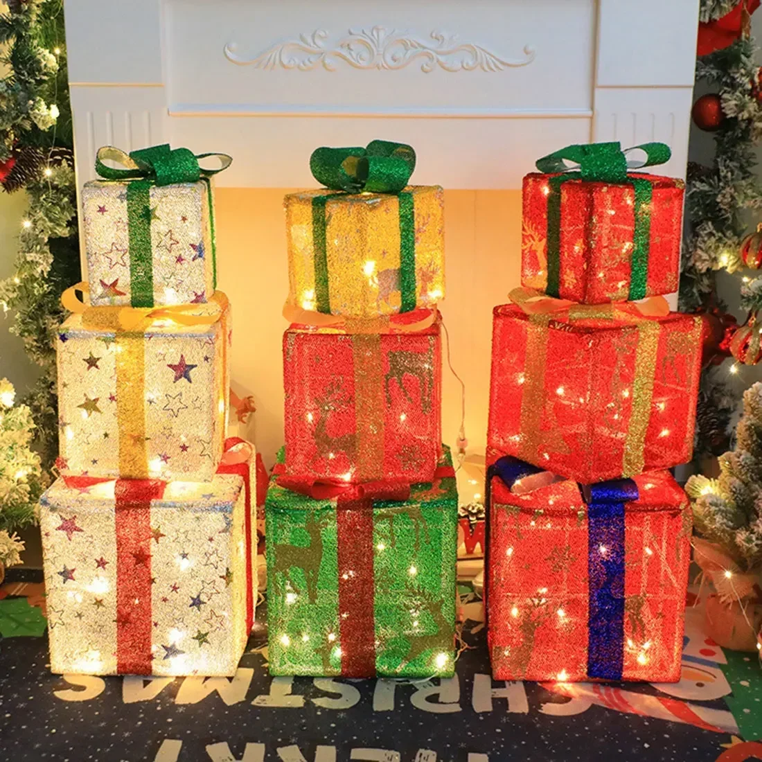 3PcsSetChristmasGlowingGiftBoxDecorationOrnamentwithBow