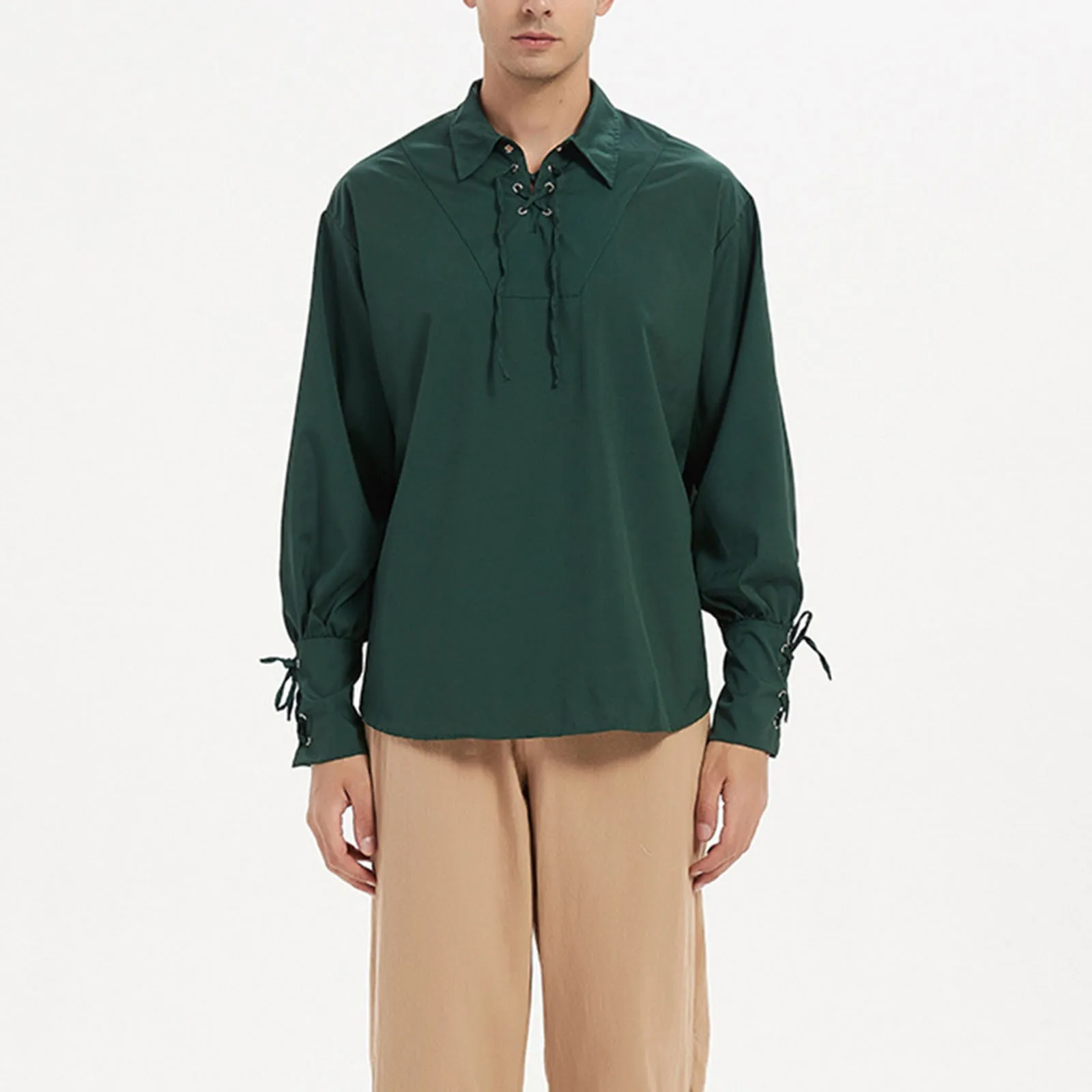 

Men's Long Sleeved National Style Medieval Bandage Vintage Shirts Solid Color Turndown Collar Casual Loose Shirt Tops For Men