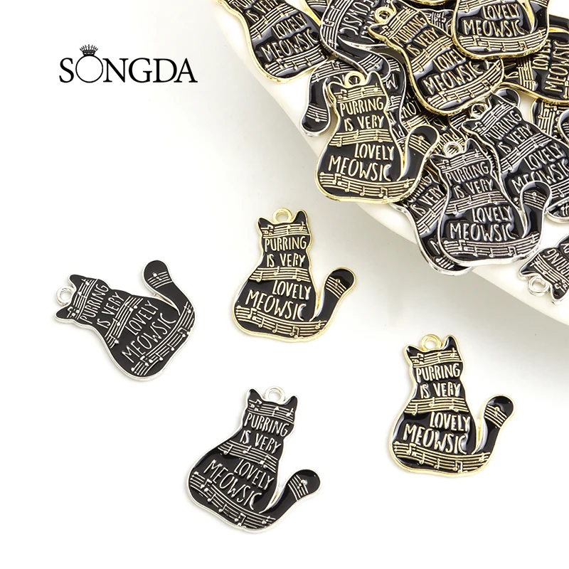 

10pcs Enamel Music Cat Charms Trendy Animal Gold/Silver Color Metal Pendants For Making DIY Cute Necklace Bracelet Jewelry Craft