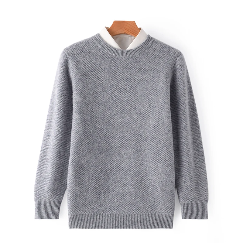 2023 Autumn/Winter New 100% Pure Wool Round Neck Fashion Honeycomb Solid Color Pullover Casual Fit Comfortable Soft Sweater Men