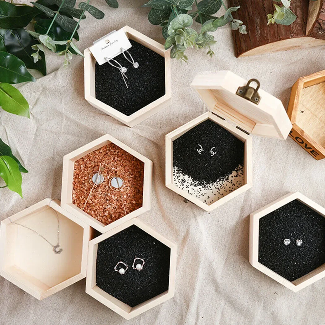 Wooden Storage Box Hexagonal Shaped Wood Jewelry Organizer Container Case Wedding Gifts Favors Box Holder For Home Storage 4