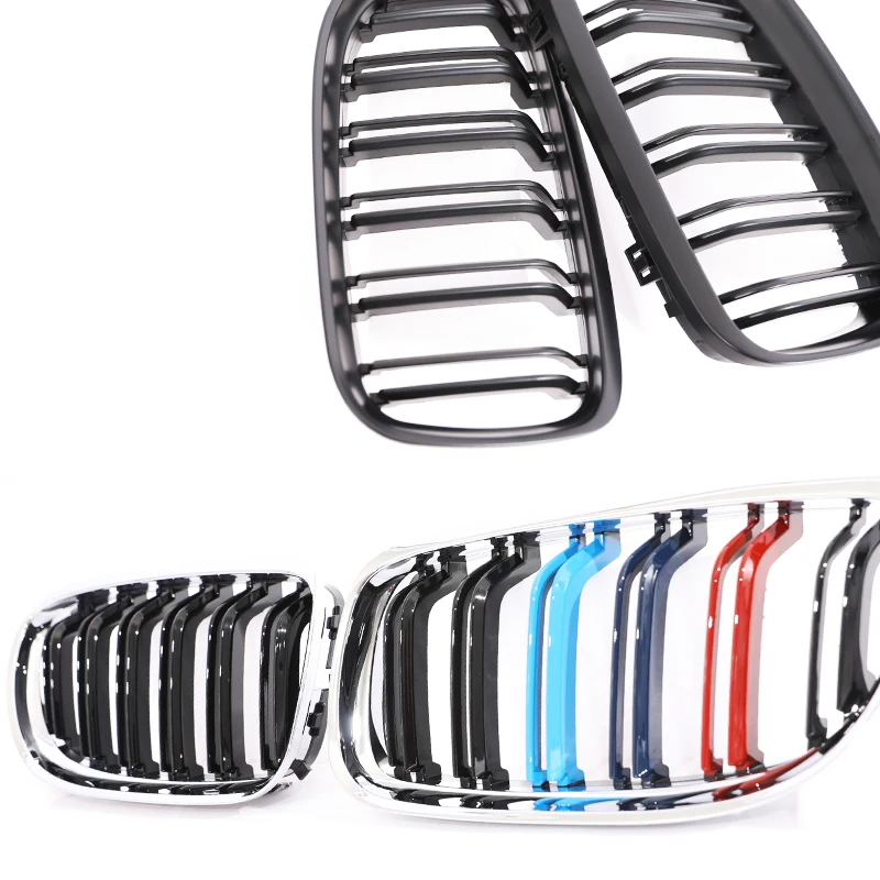 Carbon Fiber Print Grille Kidney Grill - Gloss Black & Chrome Silver Double Slat with M Color Accent