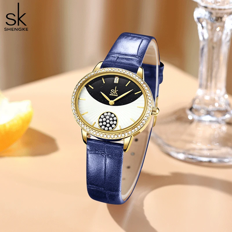 Shengke Leather Strap Ladies Watches Fashion Diamond Woman's Quartz Wristwatches Top Luxury Girl's Gift Clock SK Montre Feminino