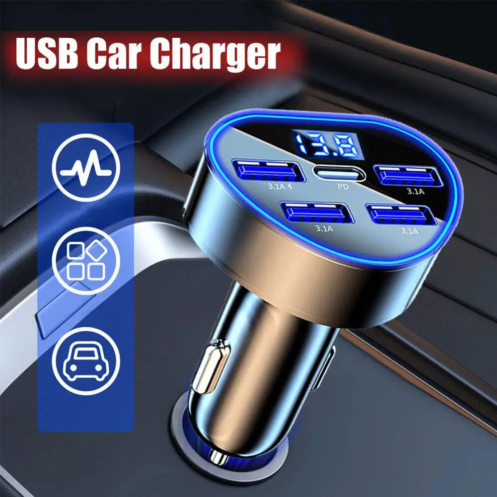

66W Car Charger PD QC3.0 With 5 Ports Fast Charging Adapter For IPhone USB Type C Cigarette Lighter Charger V8G7