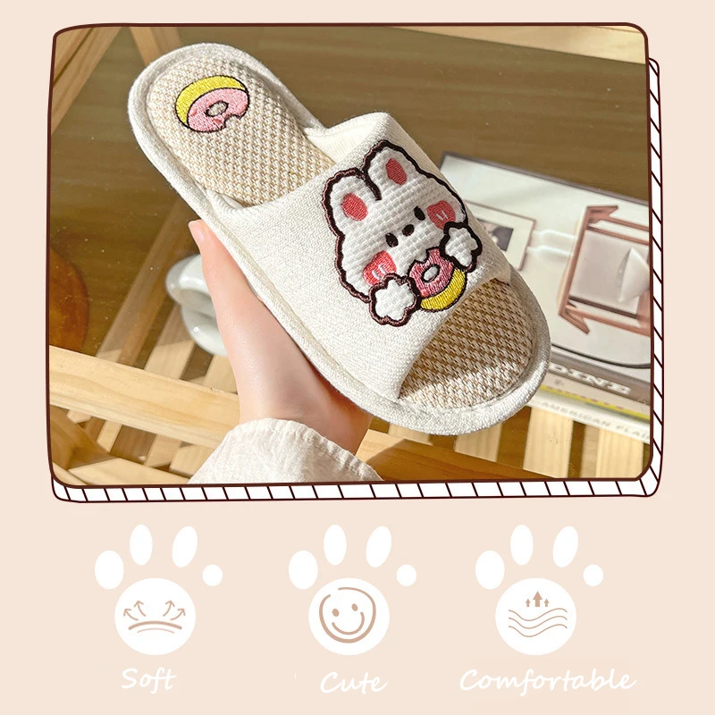 Litfun Summer Lovely Cartoon Slippers For Women Comfort Soft Bottom Open Toe Linen Slippers Ladies Cute Animals Home Flat Slides 3