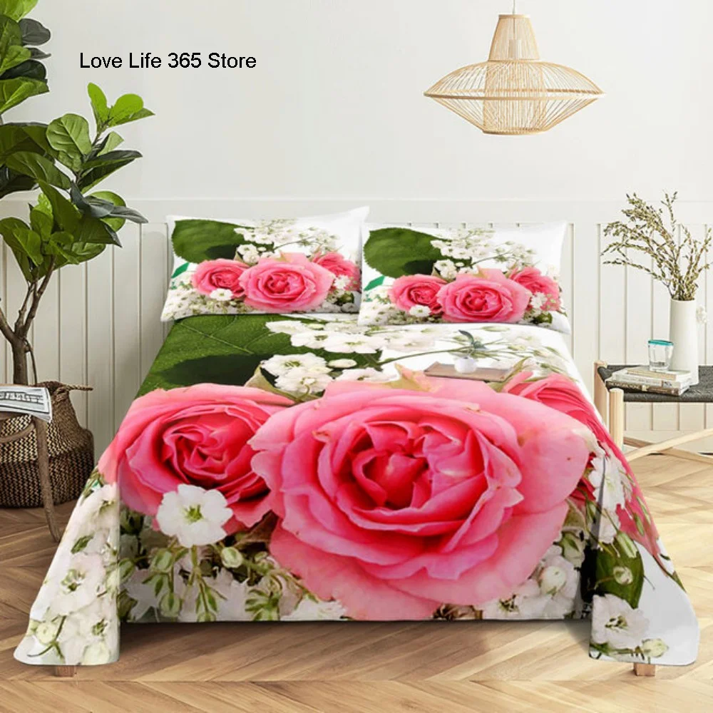 Pink Rose Bed Sheet Sets 3D Print Flowers Flat Soft Cover For Women Kids Girls King Queen Full Twin Size Linen Room Decor 6