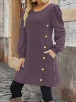 Elegant Plus Size Women's Dress Autumn Winter, Round Neck Long Sleeve Button Pocket Fashion Dress - Image 4