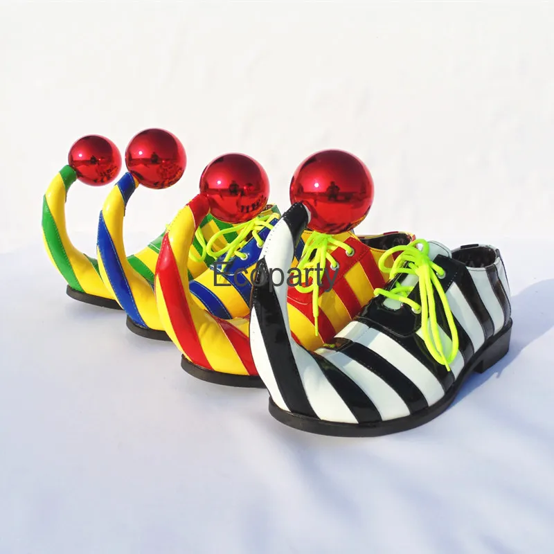 Adults Halloween Clown Cosplay Shoes Funny Circus Club Clown Performance Stripe Clown Shoes With Red Ball Carnival Cosplay Shoes