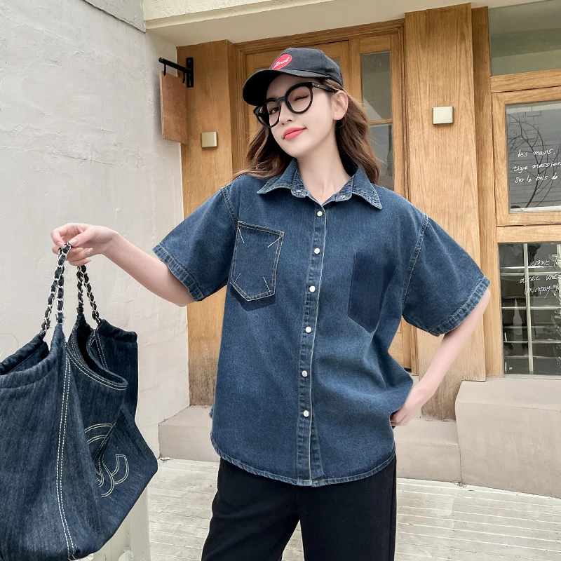 2023 Summer New Denim Shirts Women Vintage Loose Turn-down Collar Short Sleeve Blouses Tops Streetwear