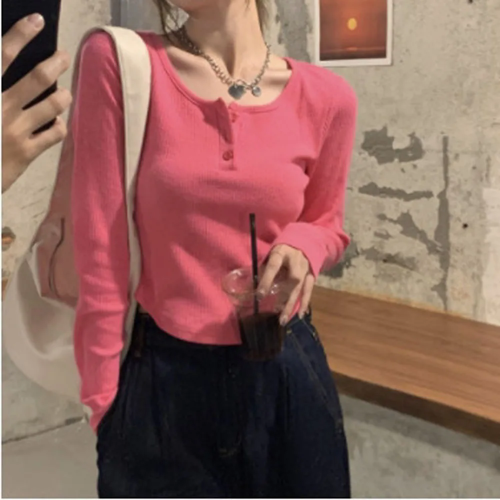 Women Long Sleeve Knitted Cropped Tshirts for Spring Summer