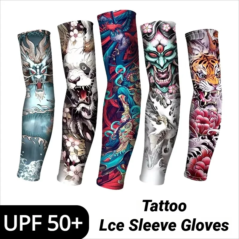 Sun Protection Sleeves 2PCS Men Women Long Summer Tattoo Sleeves Seamless Armguard Outdoor Gloves Driving Ice Silk Arm Golf