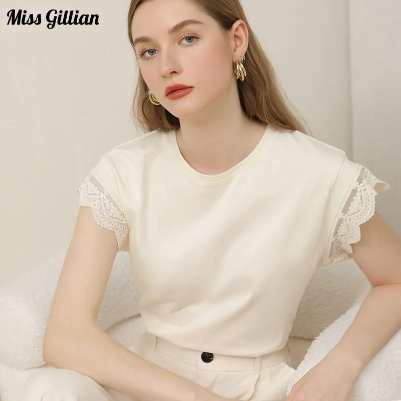 

Summer Short Sleeve Lace T-shirts Women O Neck 100% Cotton Casual Tops Simple Style Basic Comfort Tees 2023 Female Clothing