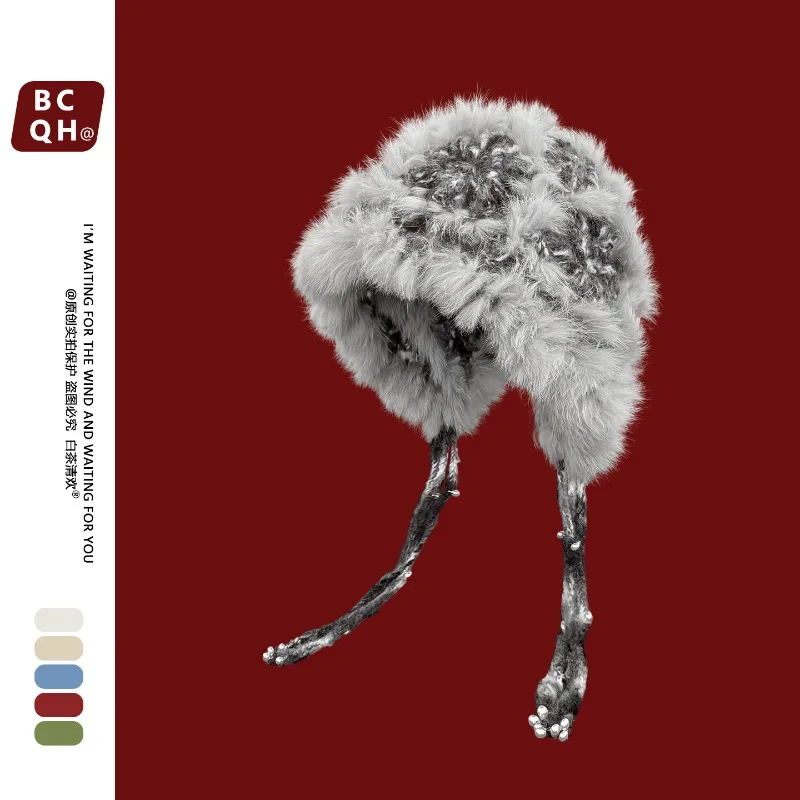 Rabbit Fur Cloud-Knit Lion Dance Hat - Plush Tassel Trim Winter Beanie with Thermal Insulation, Chinese Festive Photo-Ready