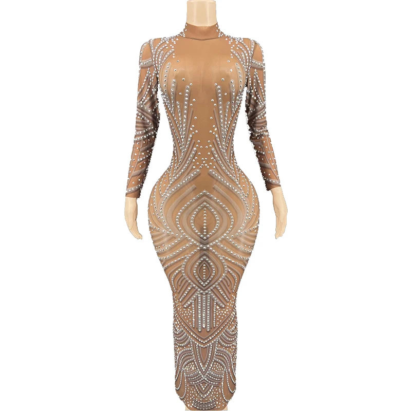 

Rhinestone Sexy Silver Brown Mesh Transparent Long Sleeves Dress Birthday Prom Costume