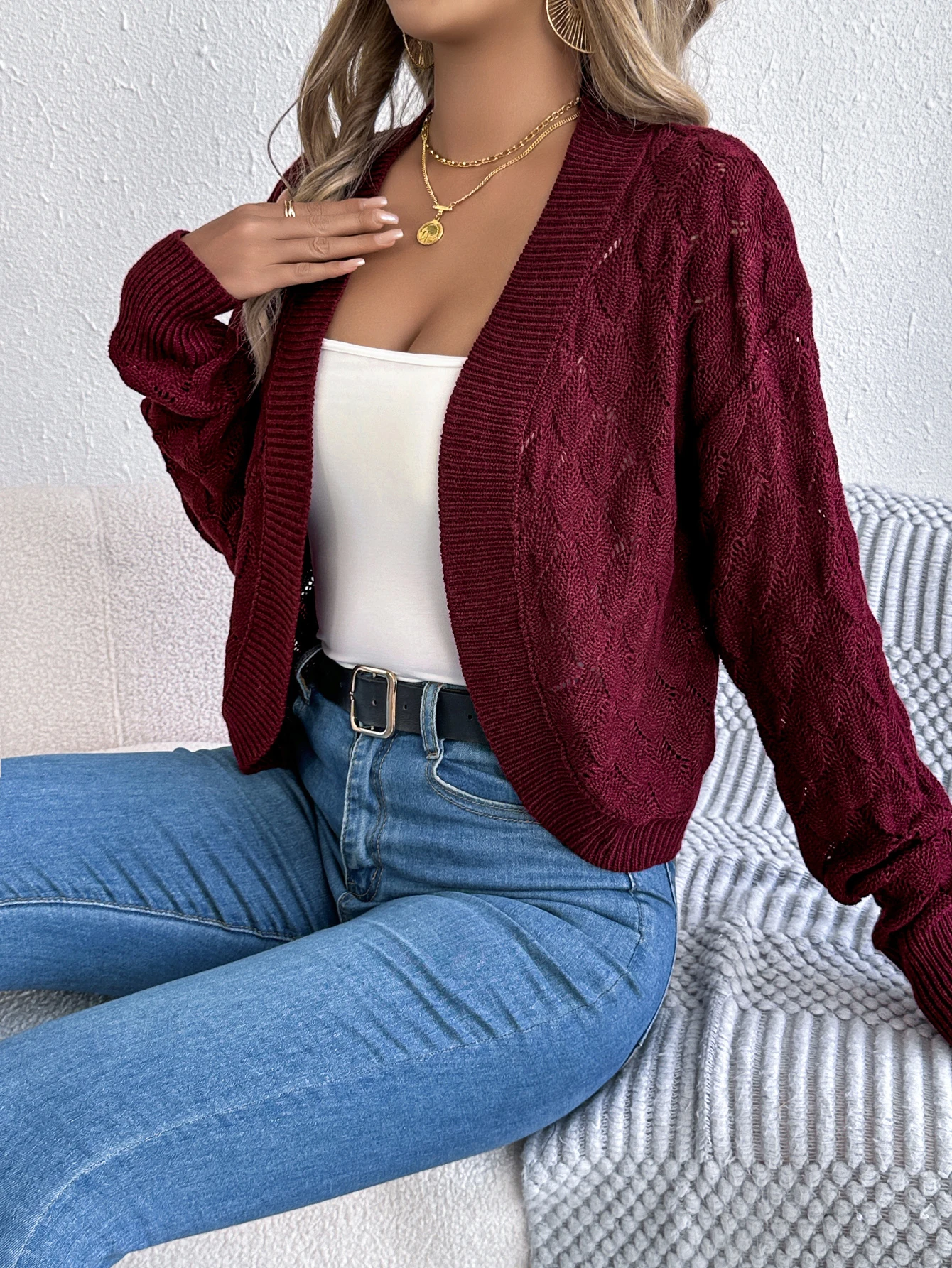 Women Knitted Cardigan Sweater Long Sleeve White Grey Red