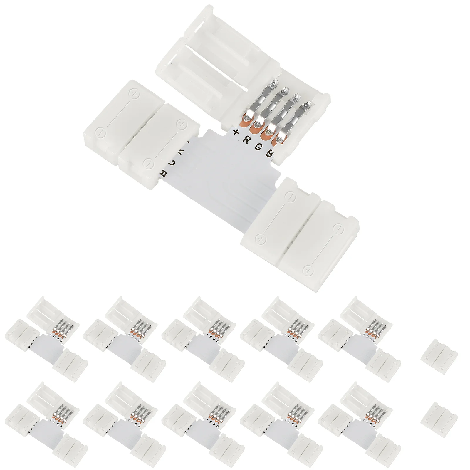 

LEDMOMO 10pcs T Shape LED Connectors Solderless 4-Pin Strip Lights Adapter with 5050 RGB 2pcs Clips