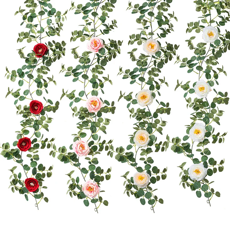 

Artificial Flowers Eucalyptus Leaves Vines Wedding Silk Camellias Rose Garland for Arch Garden Outdoor Outside Christma Decor