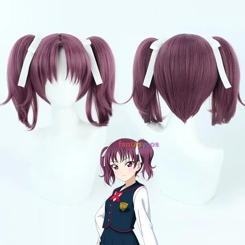 

Love Live!Sunshine!! Aqours Saint Snow Kazuno Leah Cosplay Wig Ria Twin Ponytails Short Purple Wigs with White Ribbons Costume
