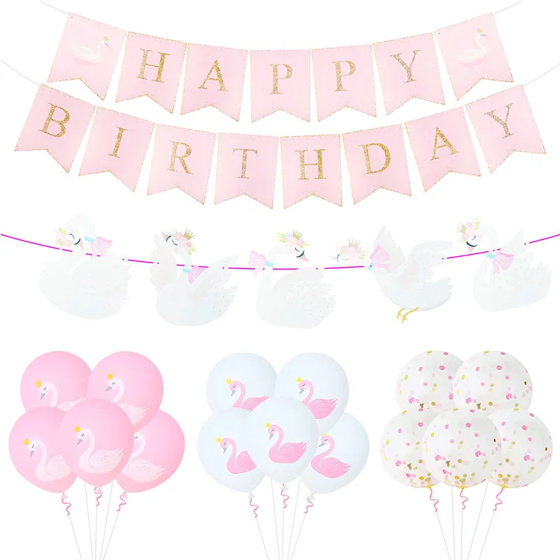 Pink White Swan Garland Paper Bunting Banner Hanging Streamers Swan Latex Baloons Girls Baby Shower Decorazioni Per Feste Di Compleanno