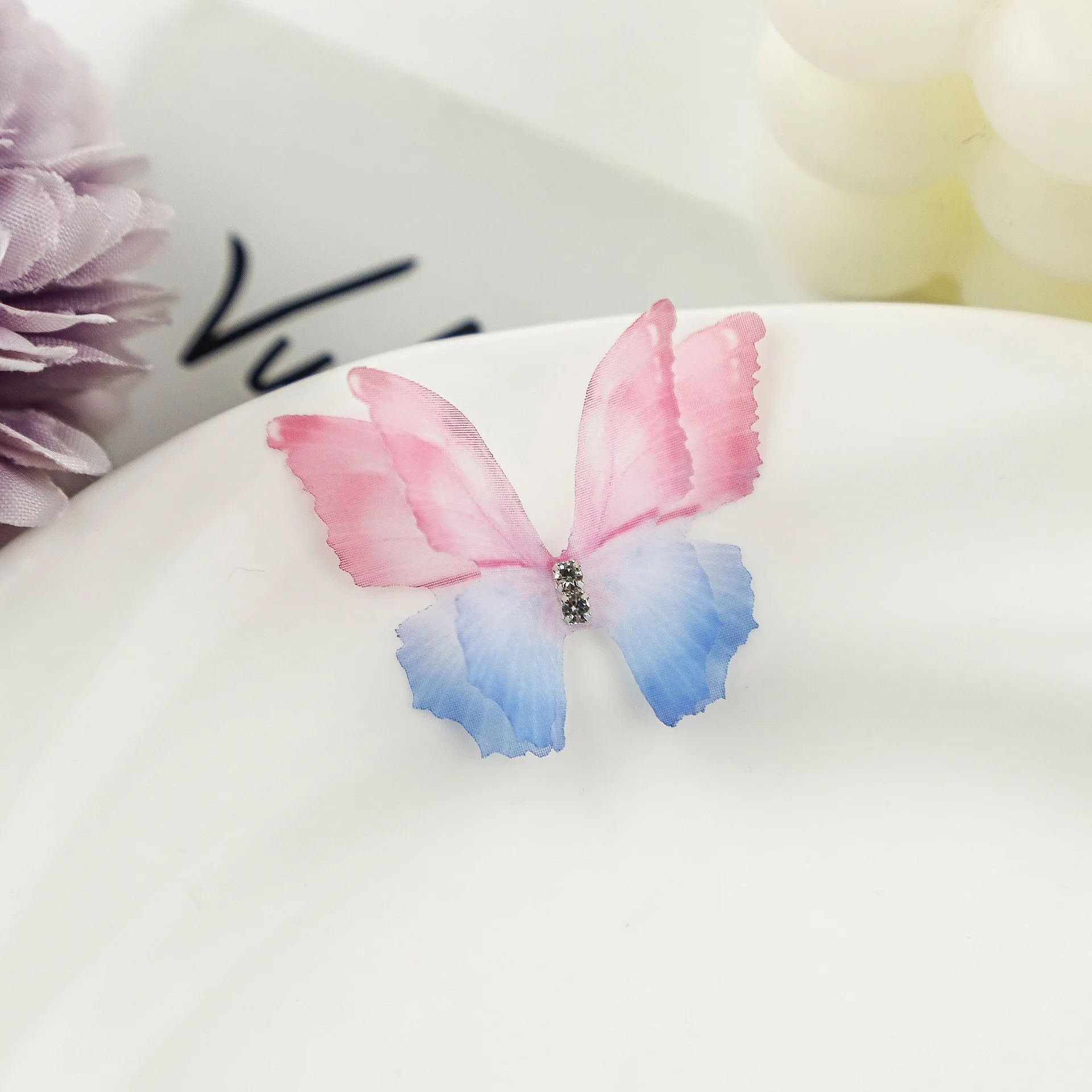 100Pcs 4.5Cm Tulle Butterfly With Rhinestone For DIY Making Clothing Party Festival Decor Handmade Craft Accessories