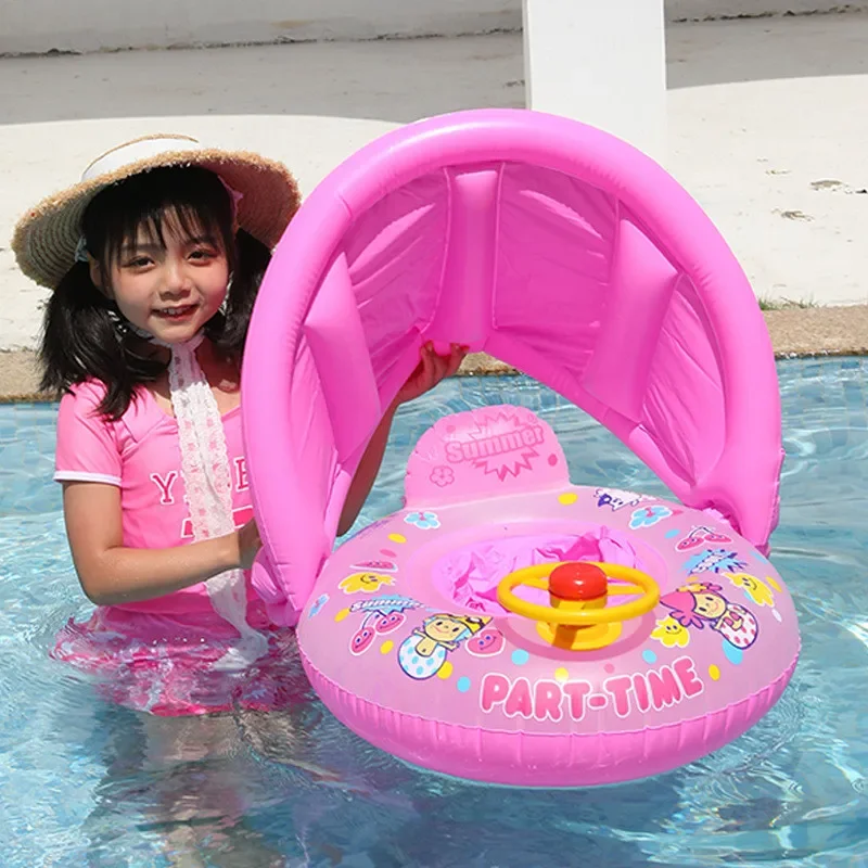 Cartoon Inflatable Baby Swim Ring Seat Floating Sunshade Toddler Swim Circle Bathtub Swimming Pool Beach Party Outdoor Water Toy 2