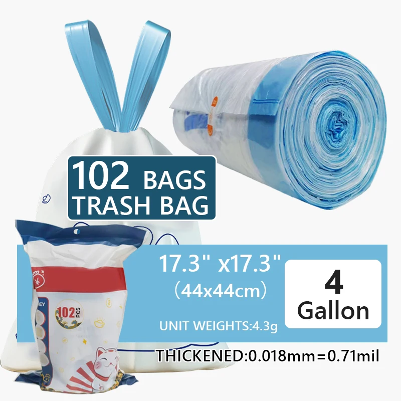 4 Gallon/102pcs Small Trash Bags - Drawstring Small Garbage Bags - Kitchen Trash Bags - Bathroom Trash Bags - Plastic Trash Bags