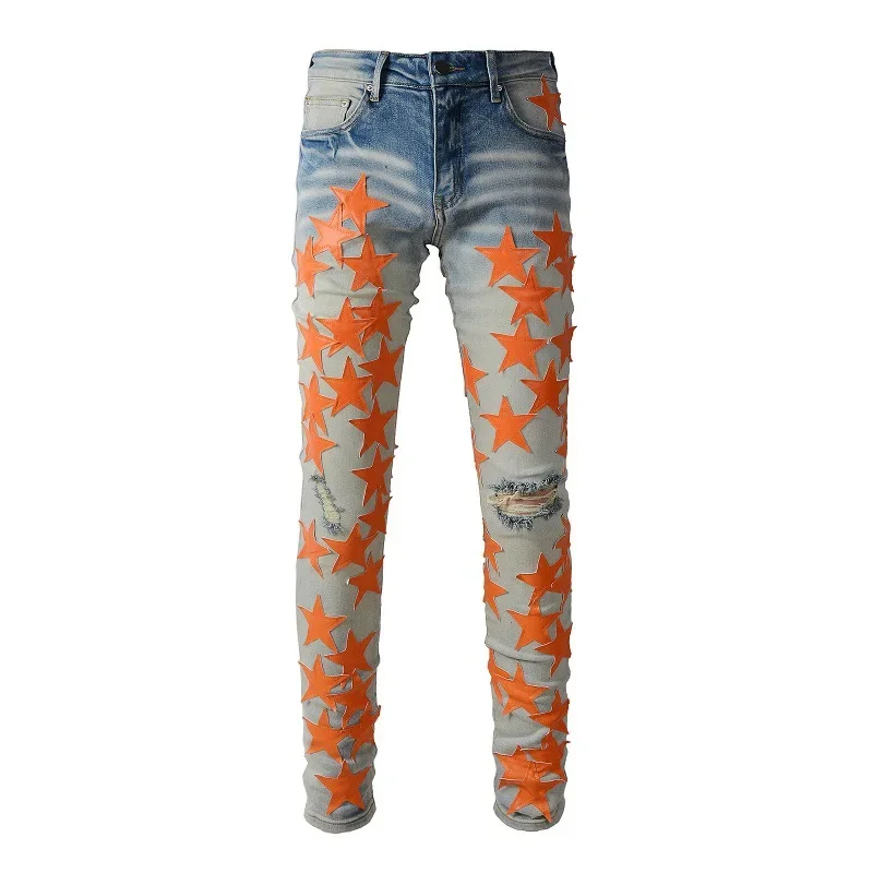 Men Leather Stars Patches Jeans Streetwear Slim Skinny Stretch Denim Pencil Pants Holes Ripped Patchwork Tapered Trousers