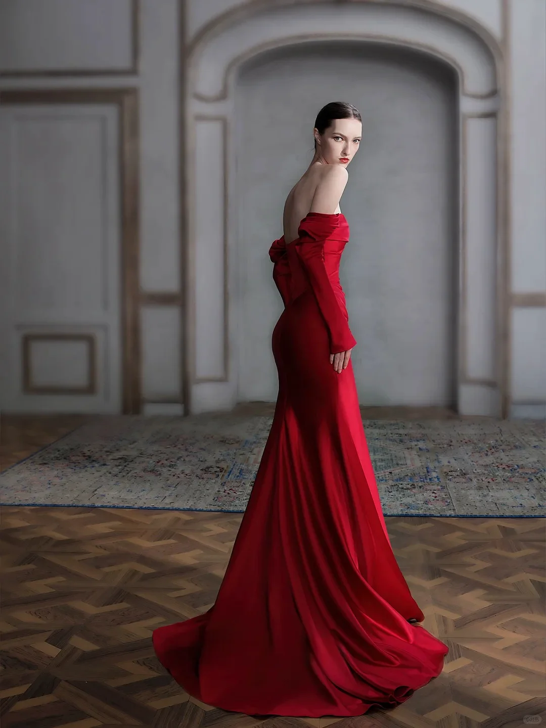 Red Evening Dresses Satin Off The Shoulder Long Sleeves Pleated Mermaid Trailing Wedding Host Party Woman Prom Banquet Dress