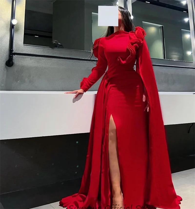 SUMNUS Vintage Red Mermaid Evening Dress Ruffles Long Sleeves Saudi Arabic Prom Party Dress Skirt Dubai Formal Gown