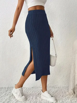 Elegant Navy Blue Casual Slit Skirt