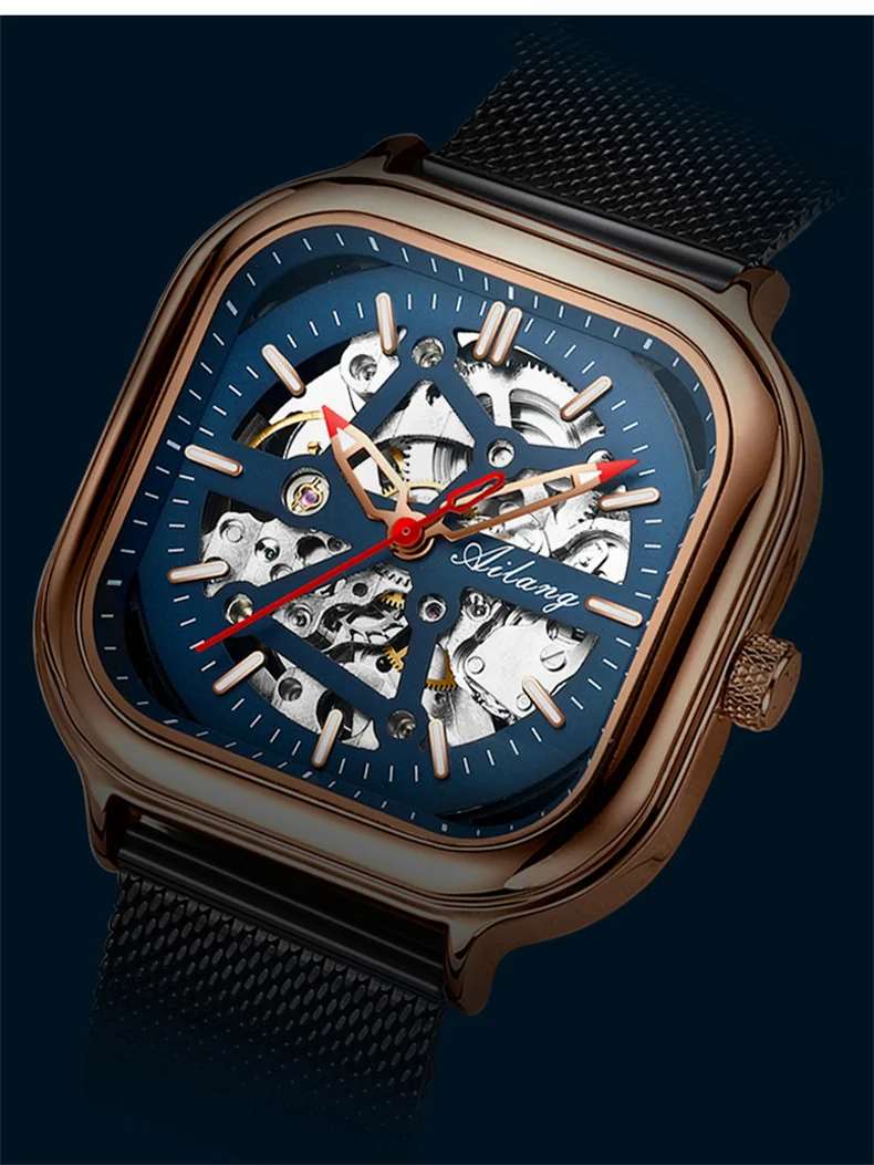 AILANG Top Skelett Quadrat Mechanesch Fir Männer Automatesch Handgelenk Waasserdicht Mesh Gürtel es_voghion.com