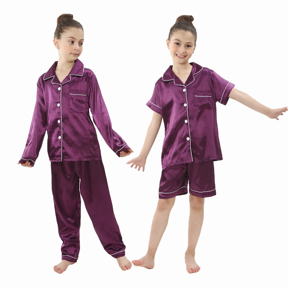 Kids Pajamas 2pcs Baby Boys Girls Silk Satin Top Pant Long sleeve Solid Button-Down Pyjamas Set