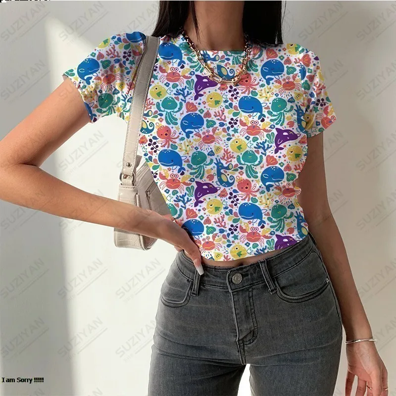 

New Short Sleeve Round Neck Top Casual Tight Sexy T-shirt Summer Hot Selling Temperament Fragmented 3D Printing Breathable Top