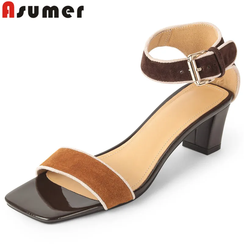 

ASUMER 2024 New Kid Suede Leather Buckle Sandals Office Ladies Mixed Colors Dress Shoes Thick Med Heels Women's Sandals