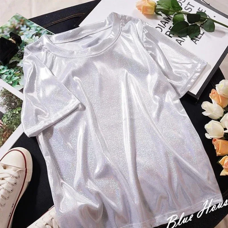 S-4XL Womens Sparkly Shiny Metallic Holographic Round Neck Short Sleeve Casual Loose Top Festival Party Tee Shirt Female Clothes
