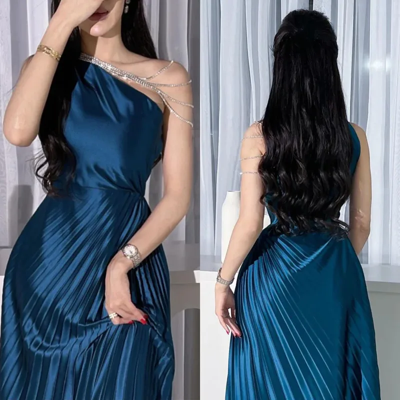 

Aleeshuo Modern A-Line Long Prom Dress Pleated One Shoulder Evening Dress Shiny Beading Sleeveless Party Dress Gowns Saudi 2024