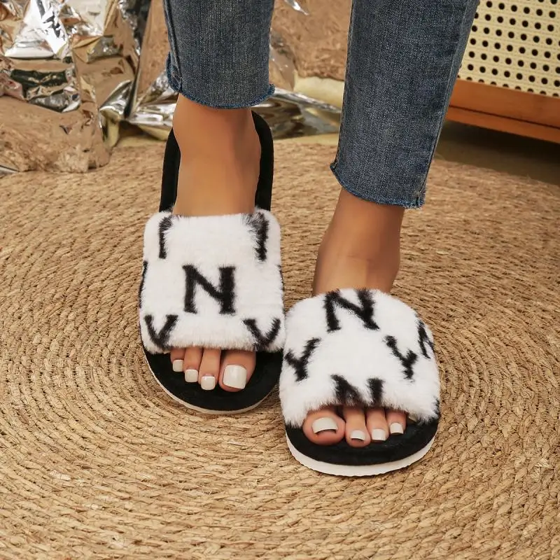 Casual Fluffy Slippers Women House Luxury Designer Shoes Ladies Home Elegant Spring Autumn Fashion Footwear Open Toe Large Size 6