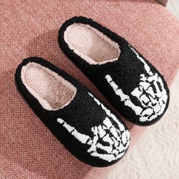 Skeleton Finger Embroidery Printing Platform Slippers Women Fashion Halloween Plush Slippers Woman Non Slip Home Cotton Shoes 1