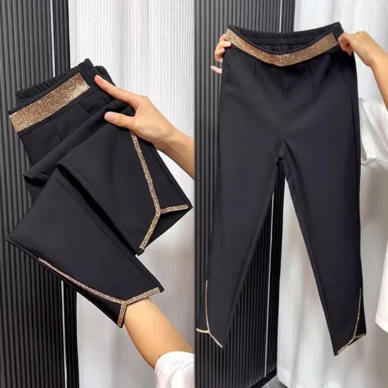 سروال نسائي أسود لامع مطرز بالماس ، فضفاض ، مطاطي ، خصر مرتفع ، نحيف ، نحيف ، مقاس كبير ، هارلان ، خريف ، شتاء ، جديد