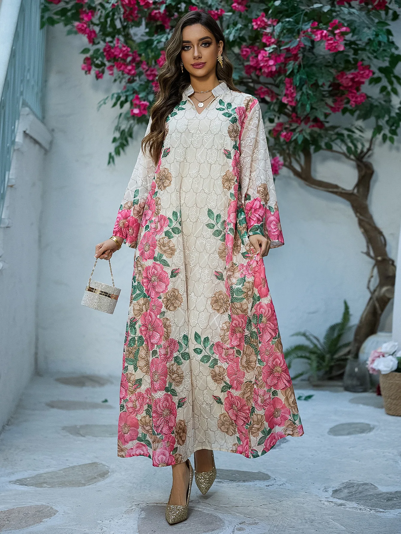 Ramadan holiday dress for women, abaya with a standing collar, printed caftan, Islamic robe, Ramadan jellabiya, Morocco, Dubai, caftan, vestidos largos.