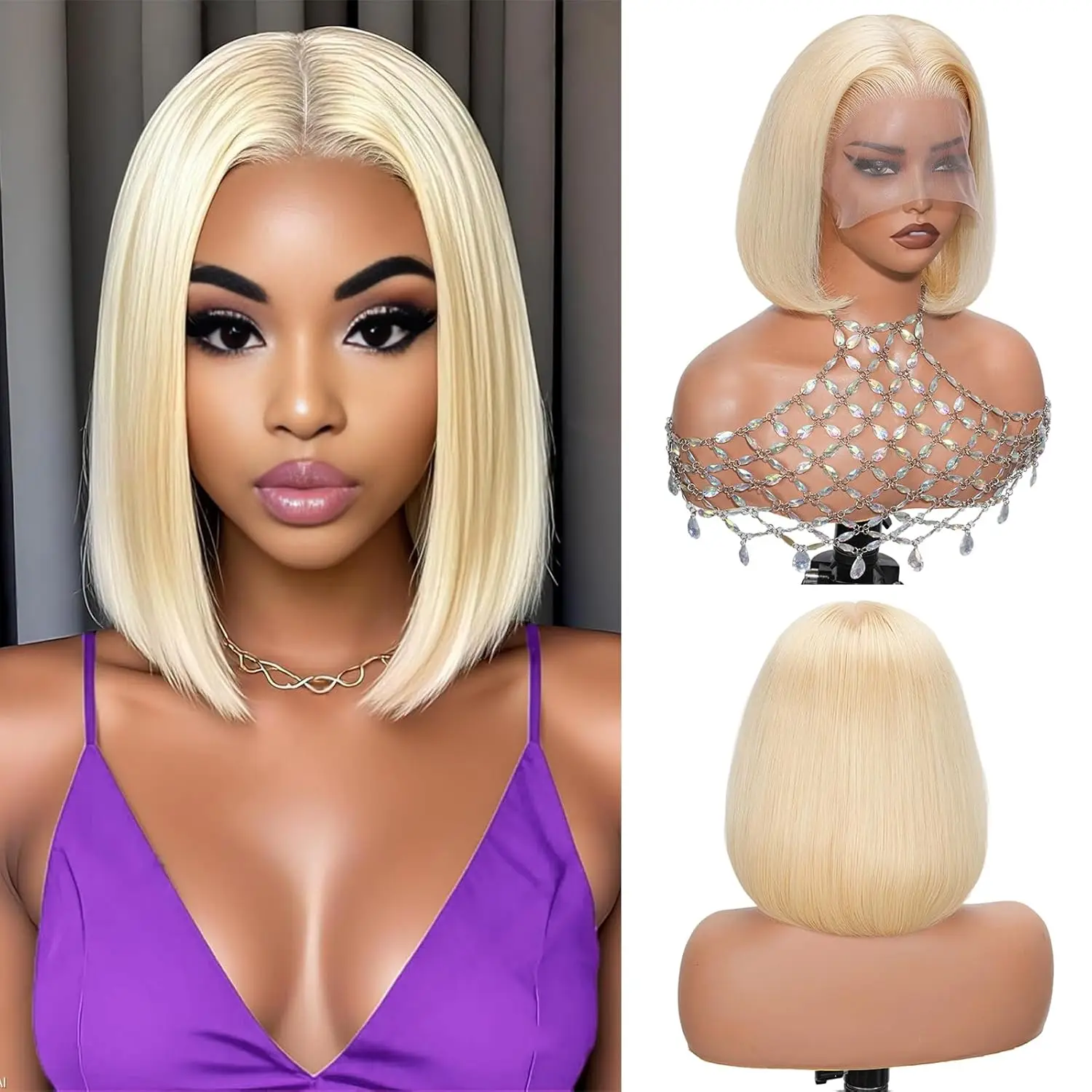 200% Density 613 Blonde Bob Wig 13x4 Lace Front Wig Human Hair Pre-Plucked Brazilian Straight Short Bob Wig Women Pre-Plucked