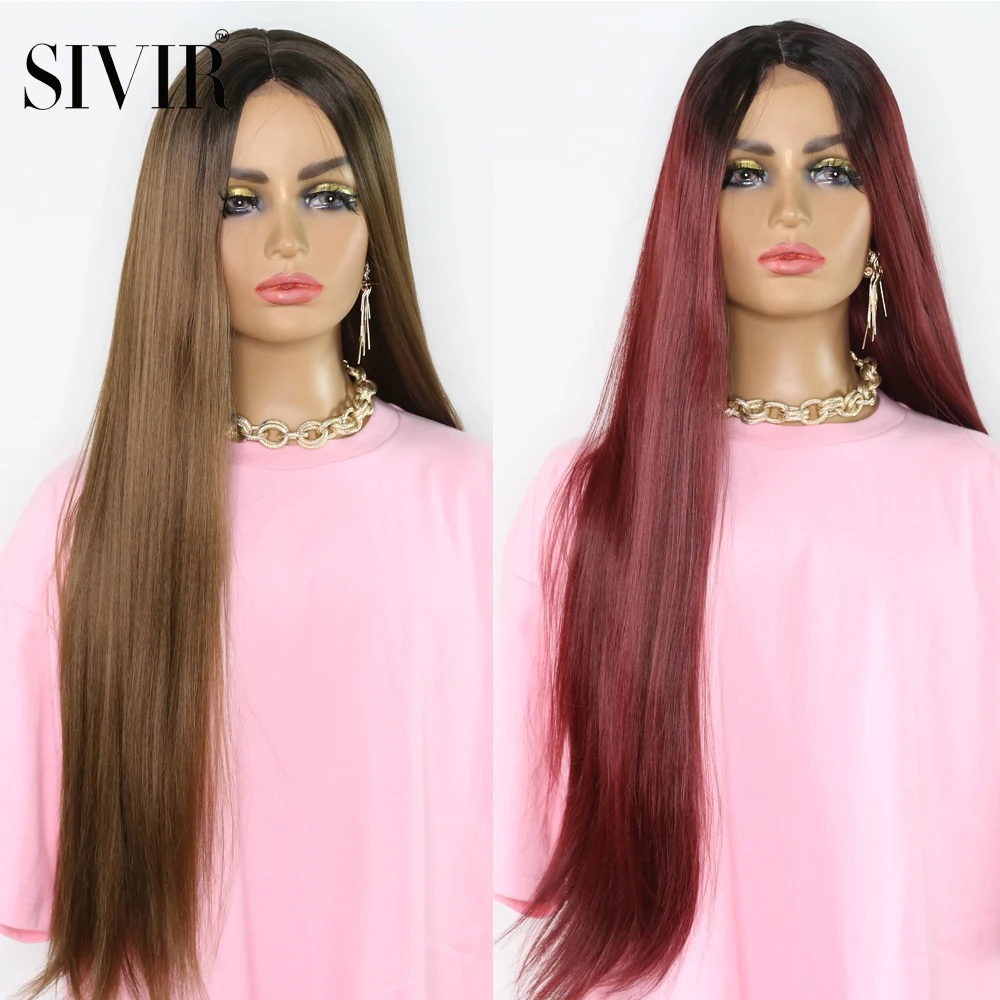 Synthetic Lace Brazilian Wig Long Straight Middle Parting Hair Cosplay Anime Brown/Red/Black Color High Temperature Fiber