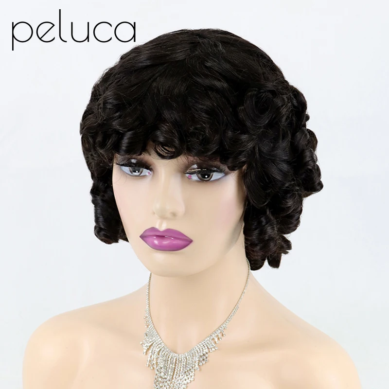 

Bouncy Curly Human Hair Wigs with Bangs Glueless Peruvian Remy Spiral Curls Short Bob Full Machine Made Wigs for Women