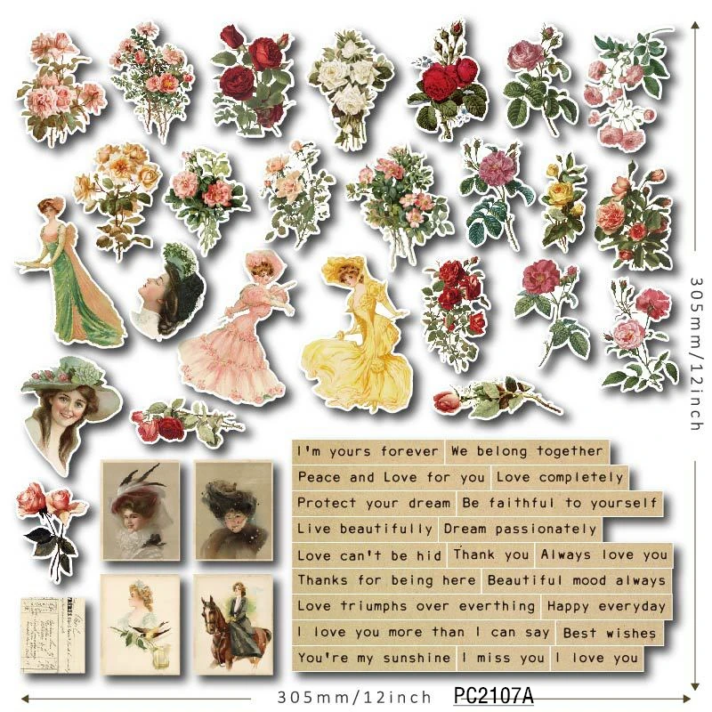 51PCS Vintage Art Angel Rabbit Rose Material Pack DIY Scrapbooking Primer Collage Diary Album Happy Plan Gift Decoration